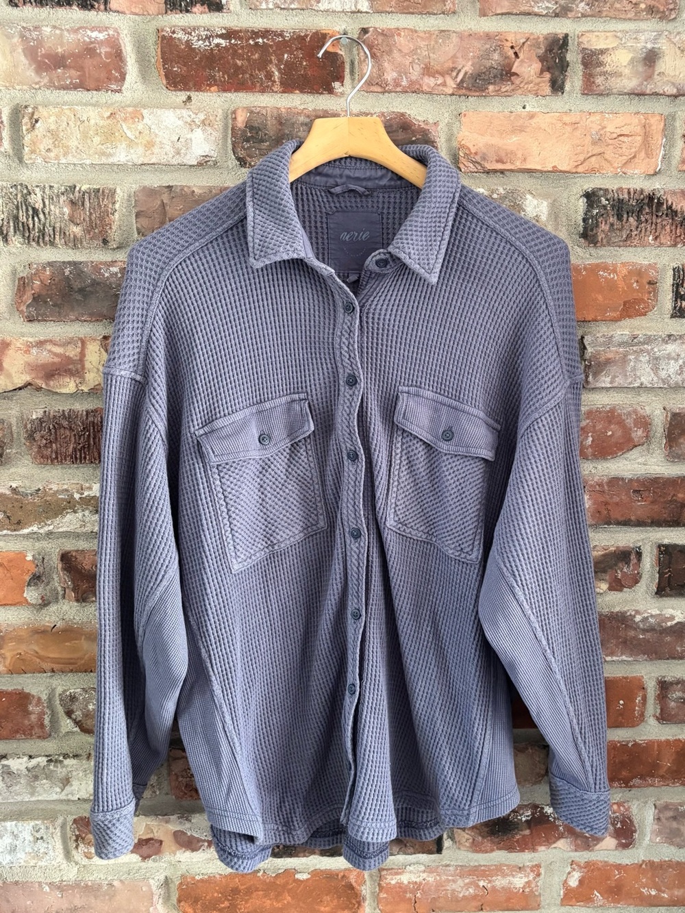 Aerie Blue Waffle Knit Button Up Sweatshirt Shirt Jacket, M